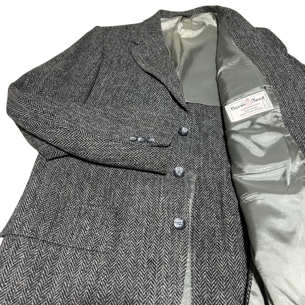 Eddie Bauer Sport Coat Mens 42 Long Gray Herringbone Harris Tweed Wool Blazer